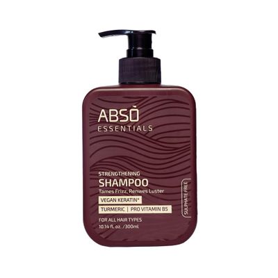 ABSO ESSENTIALS Strengthening Shampoo for Frizz Control, Hair Strengthening, Enhanced Shine Infused with Vegan Keratin, Pro Vitamin B5 and Turmeric| Sulphate & Paraben Free | 10.14 Floz.