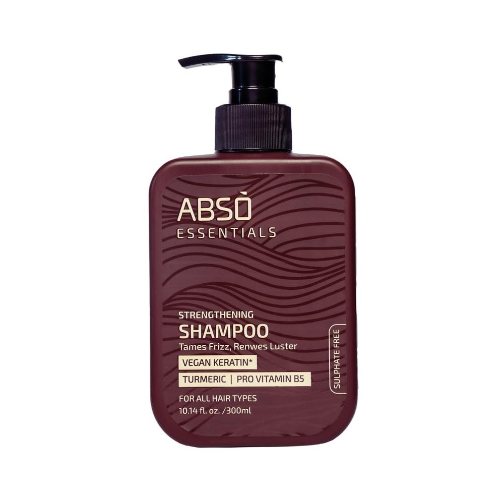 ABSO ESSENTIALS Strengthening Shampoo for Frizz Control, Hair Strengthening, Enhanced Shine Infused with Vegan Keratin, Pro Vitamin B5 and Turmeric| Sulphate & Paraben Free | 10.14 Floz.