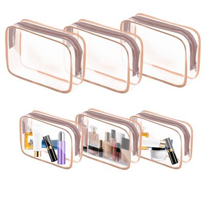 AURUZA 6 Pack Travel Toiletry Bag, Clear Makeup Bag, TSA Approved Cosmetic Bag with Zipper, Clear Organizer Carry on Bag for Women, PVC Cosmetic Pouch (Rose Pink, 6 Packs)
