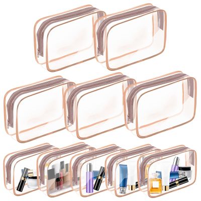 10 Pack Travel Toiletry Bag, Clear Makeup Bag, TSA Approved Cosmetic Bag with Zipper, Clear Organizer Carry on Bag for Women, PVC Cosmetic Pouch for Airport Airline Compliant (Rose Pink, 10 Packs)