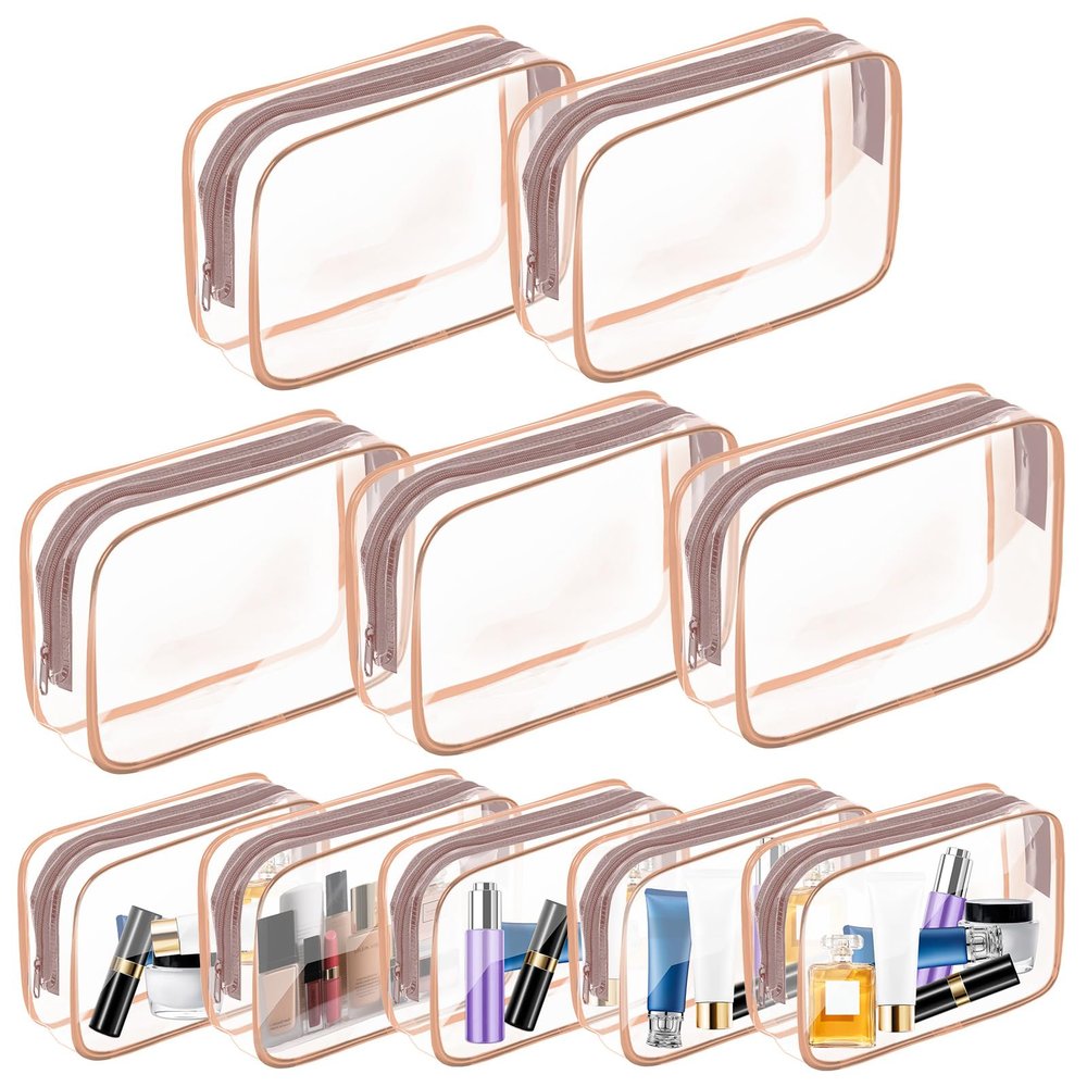 10 Pack Travel Toiletry Bag, Clear Makeup Bag, TSA Approved Cosmetic Bag with Zipper, Clear Organizer Carry on Bag for Women, PVC Cosmetic Pouch for Airport Airline Compliant (Rose Pink, 10 Packs)