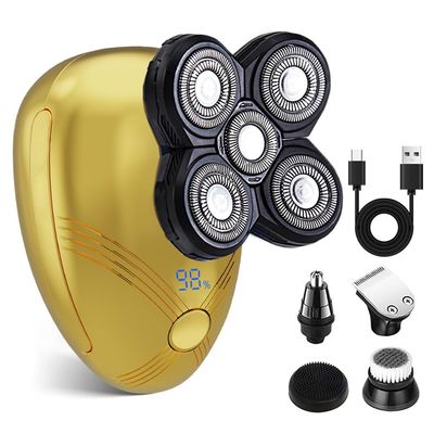 5-in-1 Electric Cordless Razor for Men Head Shaver for Bald Men Grooming Kit with Nose Trimmer-Hair Clippers-Facial Brush, LED Display Rotary Shavers,USB Charging Rechargeable (Gold)
