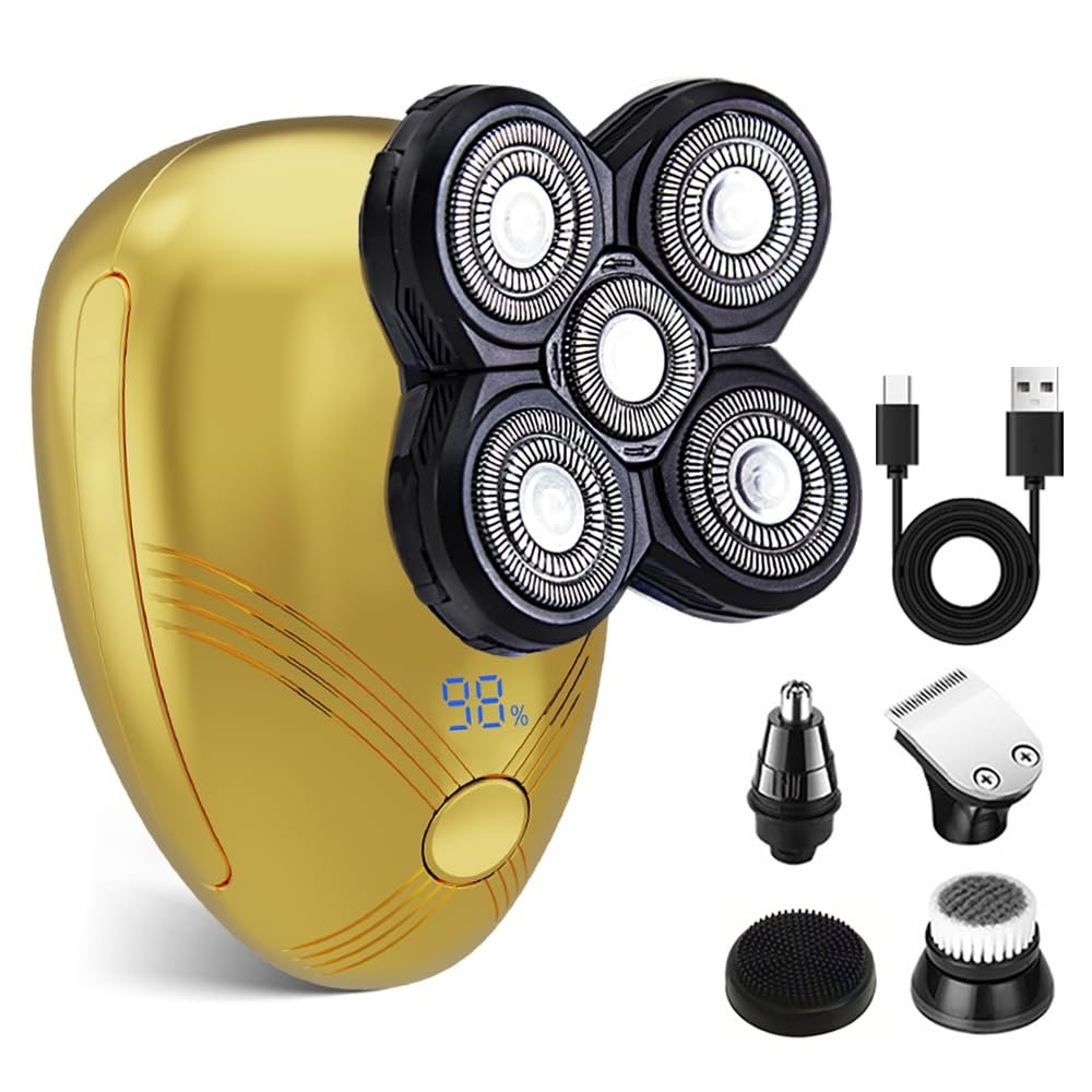 5-in-1 Electric Cordless Razor for Men Head Shaver for Bald Men Grooming Kit with Nose Trimmer-Hair Clippers-Facial Brush, LED Display Rotary Shavers,USB Charging Rechargeable (Gold)