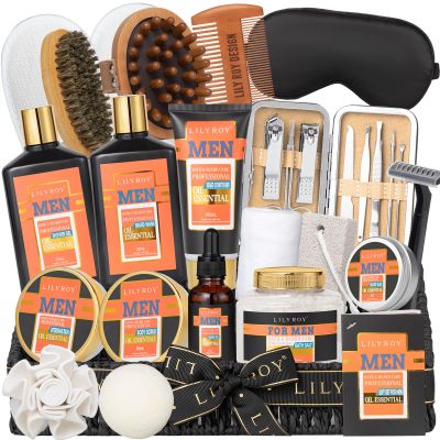 27Pcs Christmas Spa Gifts Basket for Men - Bath and Body Gift Basket Set for Dad with Massager & More | Perfect Gifts for Valentine's Day, Fathers Day, Birthday Gifts Beard Bath Spa Gift Set for Men