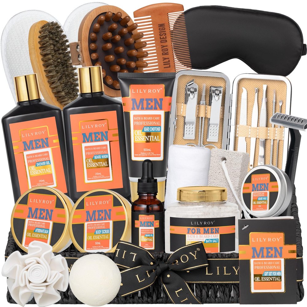 27Pcs Christmas Spa Gifts Basket for Men - Bath and Body Gift Basket Set for Dad with Massager & More | Perfect Gifts for Valentine's Day, Fathers Day, Birthday Gifts Beard Bath Spa Gift Set for Men