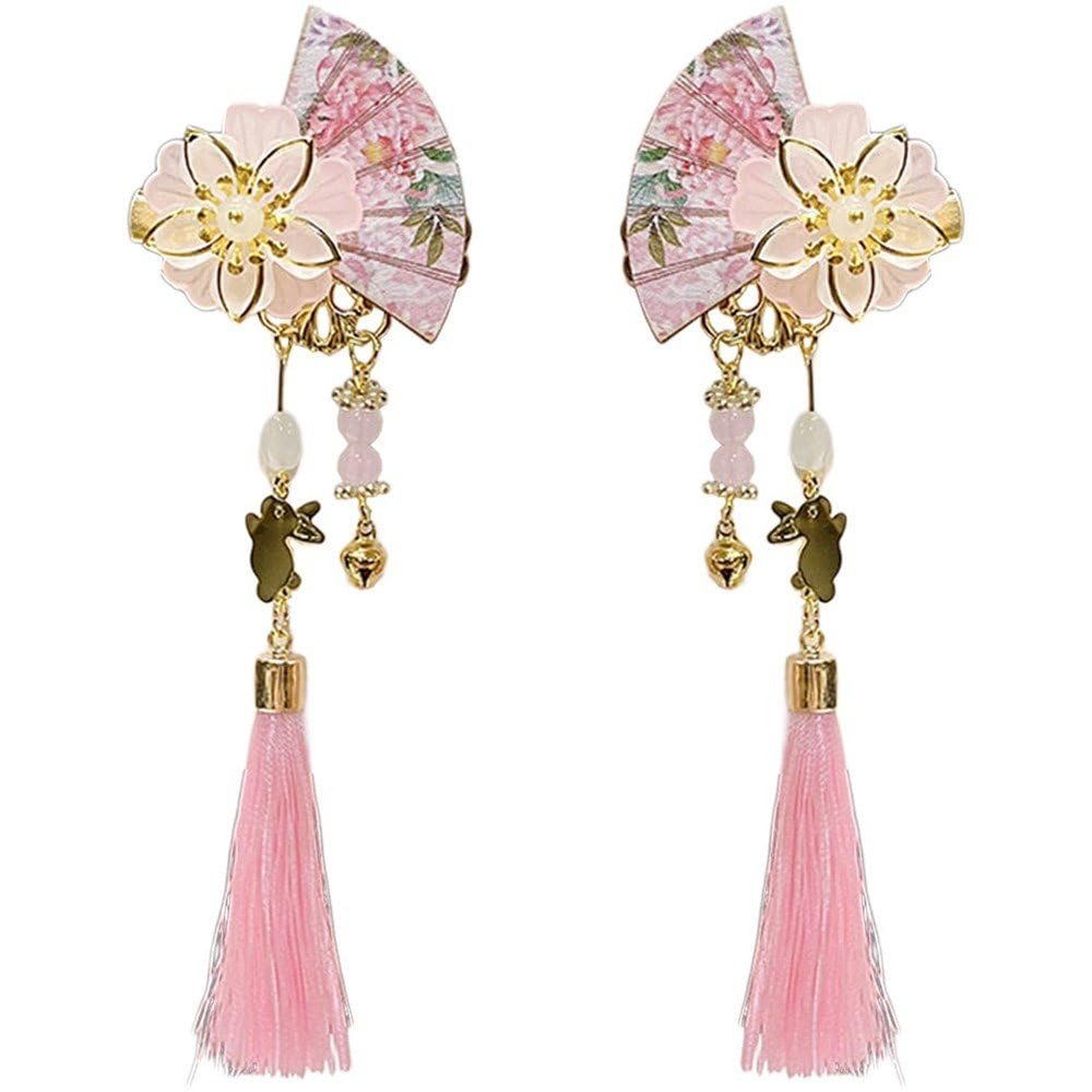 1pairs Fan Tassel Hairpin Japanese Hair Clips Pink Hair Barrette Retro Hair Accessories for Women Girls Hair Decoration