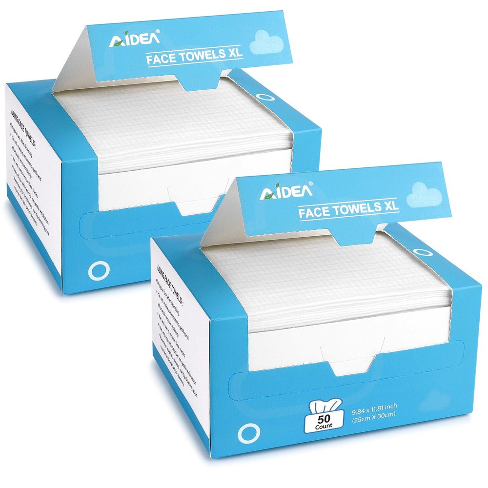 AIDEA XL Face Towels Disposable-100Ct (2 Box), Clean Facial Cloths, Facial Cleansing Wipes for Sensitive Skin, Face Towelettes for Makeup Removing, Nursing, Travel, Dry Wipes 9.84"11.81"