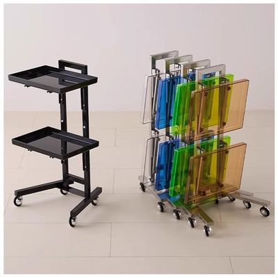 exproyzk Folding Salon Tray Trolley, Stainless Steel Salon Tray with Wheels, 2 Tier Rolling Cart Rolling Tray Salon Trolley for Tattoo, 1 Pack(Black)