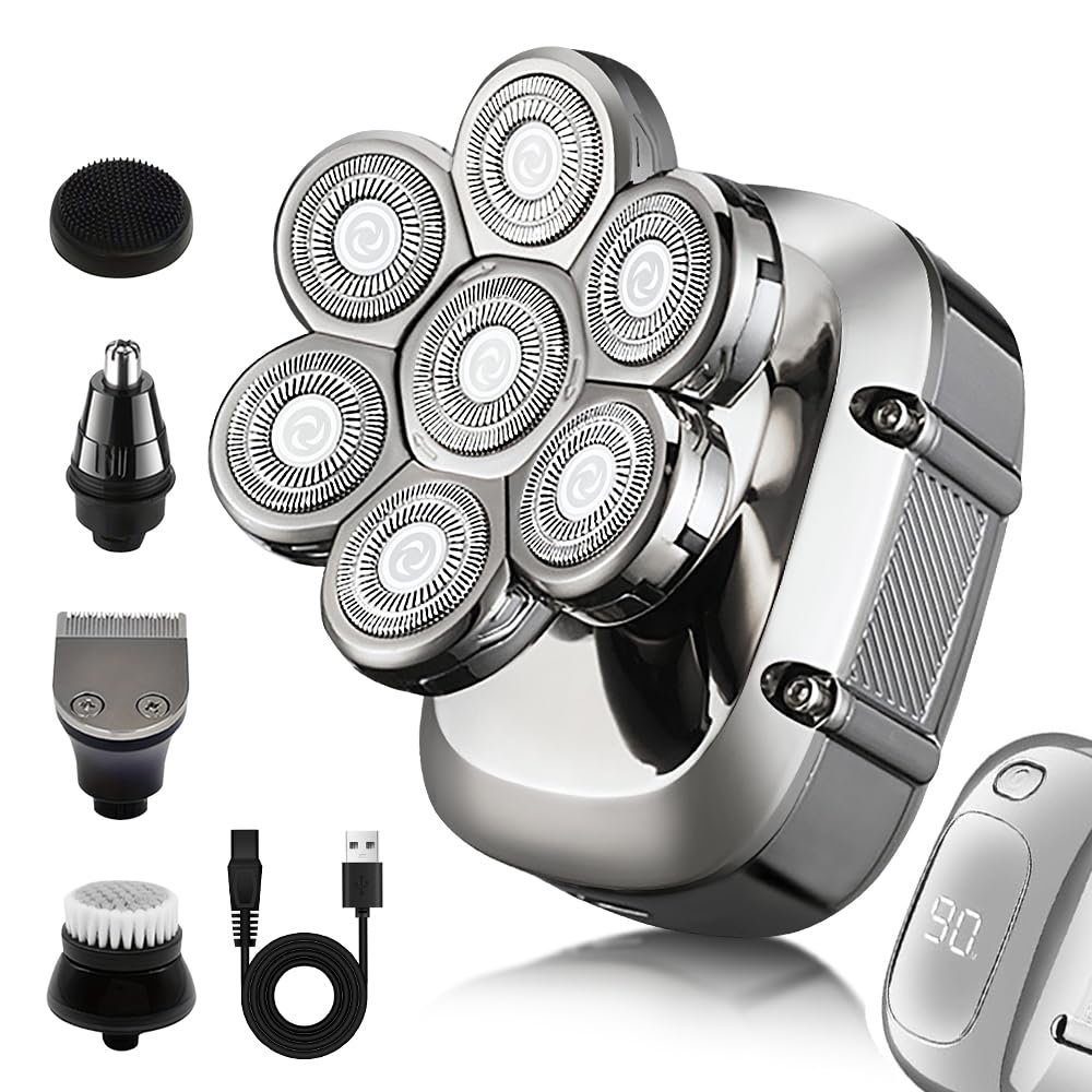 5-in-1 Electric 7D Head Shavers for Bald Men,Wet Dry Waterproof Cordless Men's Rotary Razor for Head/Face, Grooming Kit with Nose Trimmer-Hair Clippers, LED Display USB Charging Rechargeable