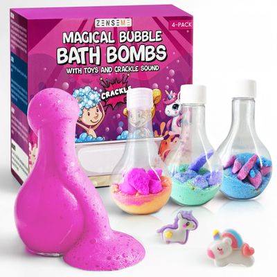 Zenseme Kids Bath Bombs Powder with Mini Unicorn Inside  Bubble Bath for Kids  Bathtime Experiment Kit Mix - Blast of Foam & Colour Surprise  Gift Set of 4