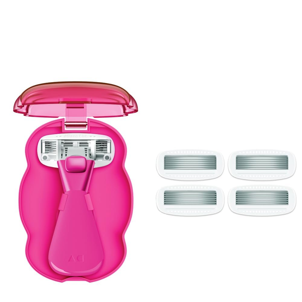 Athena Club Women's Mini Travel Razor Shave Kit, 1 Mini Travel Razor Handle + 5 Blade Refills, Super Pink