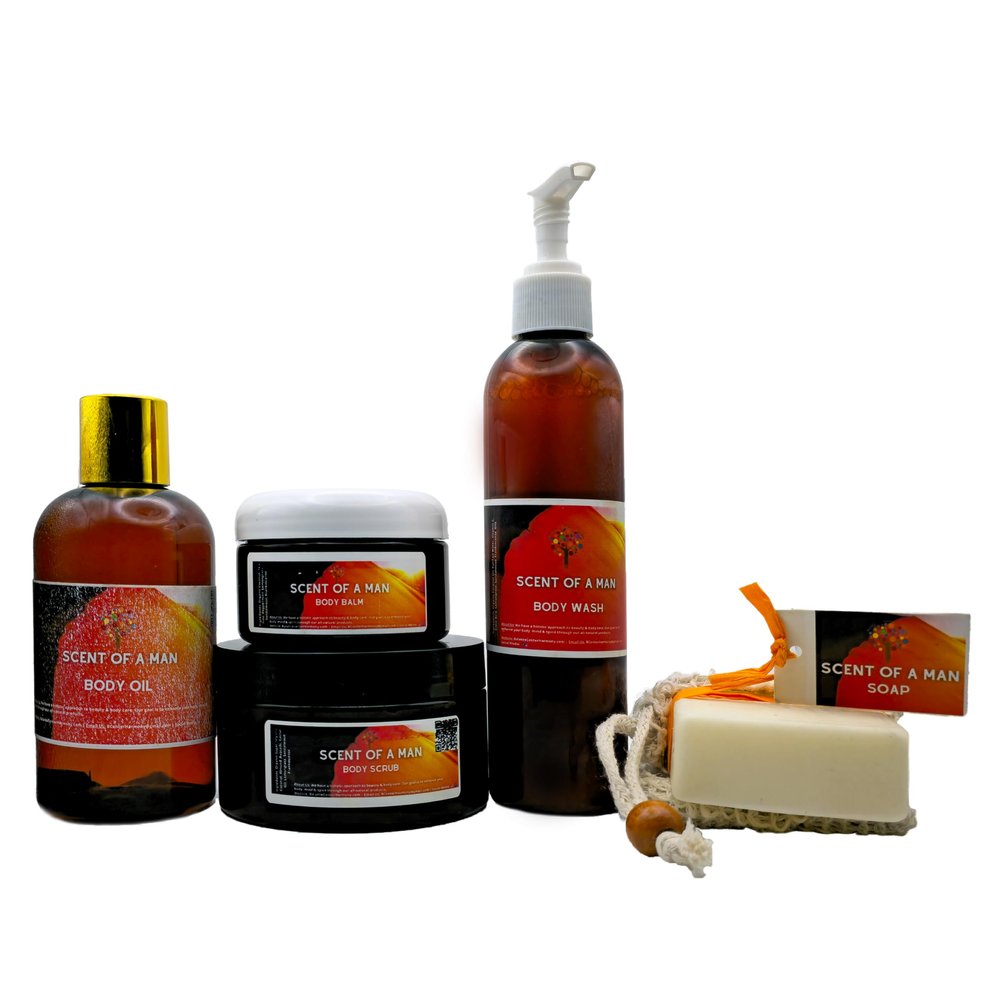 BCH Scent of a Man Body Set - Premium All Natural Men's Grooming Kit with Body Oil, Balm, Scrub, Wash & Soap - Deep Hydration & Skin Nourishment with Essential Oils & Healing Crystals