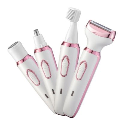 4-in-1 Rechargeable Women's Electric Razor Kit, Painless Wet/Dry Shaver for Face, Nose, Legs & Bikini Area, USB Charging (Pink)