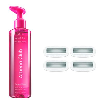 Athena Club Women's Shave Kit, Glossy Shave Oil, Super Pink + 4 Razor Blade Refills