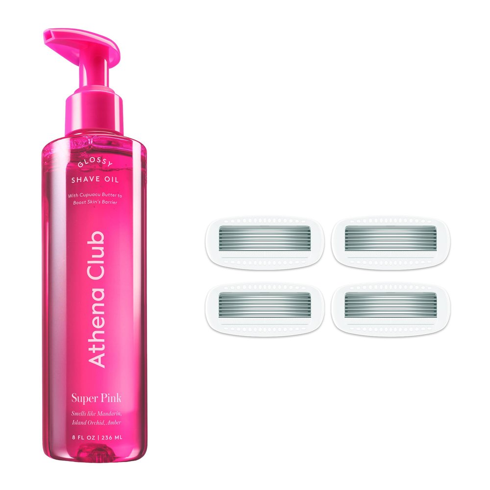 Athena Club Women's Shave Kit, Glossy Shave Oil, Super Pink + 4 Razor Blade Refills