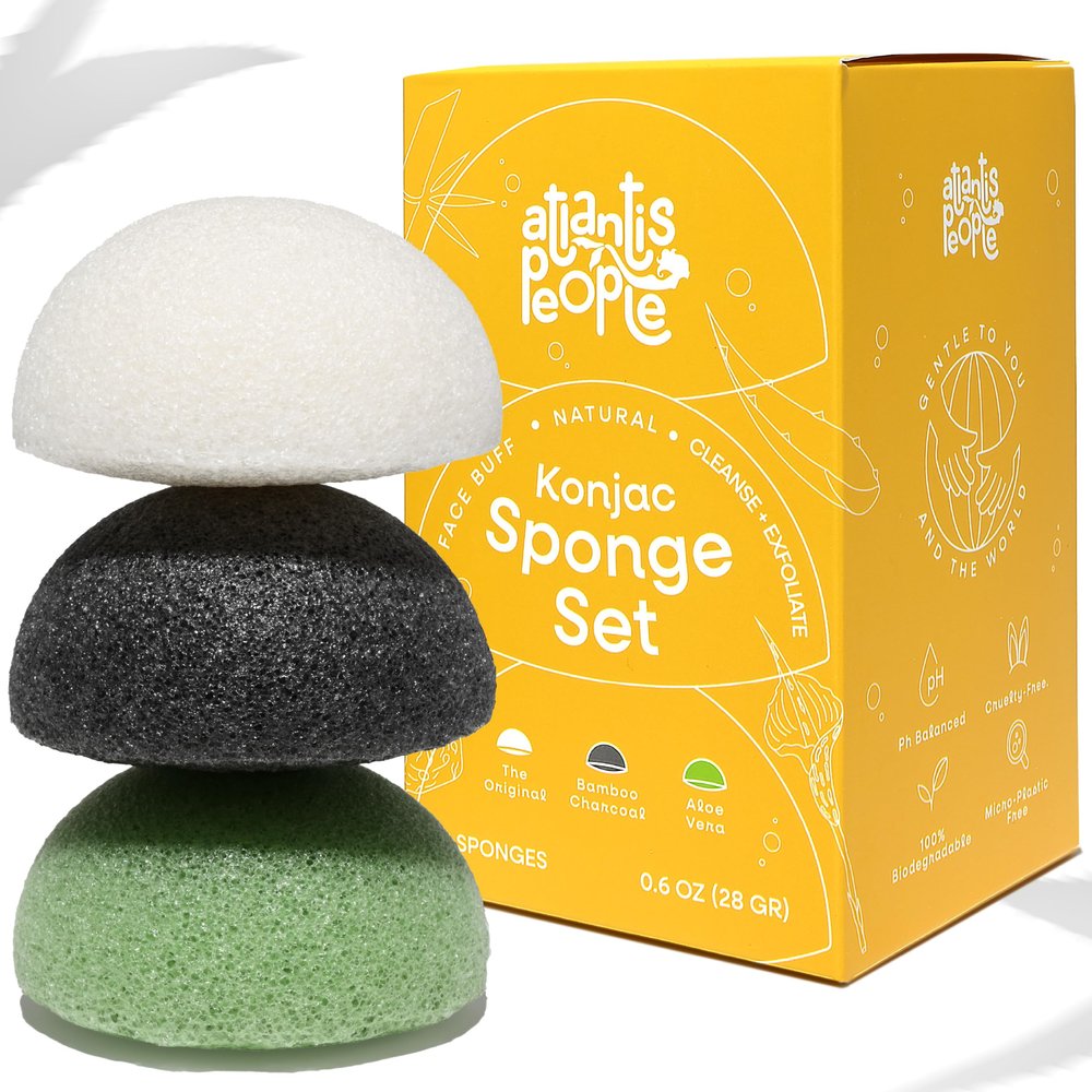 Atlantis People - Large Konjac Face Sponge Set, Natural Facial Sponges - for Daily Face Cleansing and Gentle Exfoliation - with Konjac Roots, Bamboo Charcoal and Aloe Vera, 3pcs.