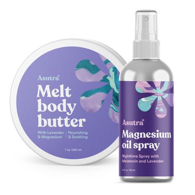 ASUTRA Bundle Set, 2 Products - 1 Magnesium Body Butter Lotion w/Lavender Scent and 1 Topical Magnesium Chloride Oil Spray w/Lavender & Melatonin
