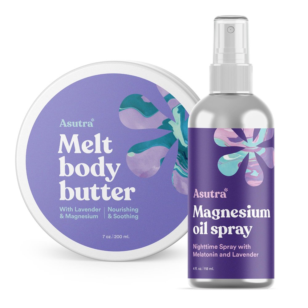 ASUTRA Bundle Set, 2 Products - 1 Magnesium Body Butter Lotion w/Lavender Scent and 1 Topical Magnesium Chloride Oil Spray w/Lavender & Melatonin