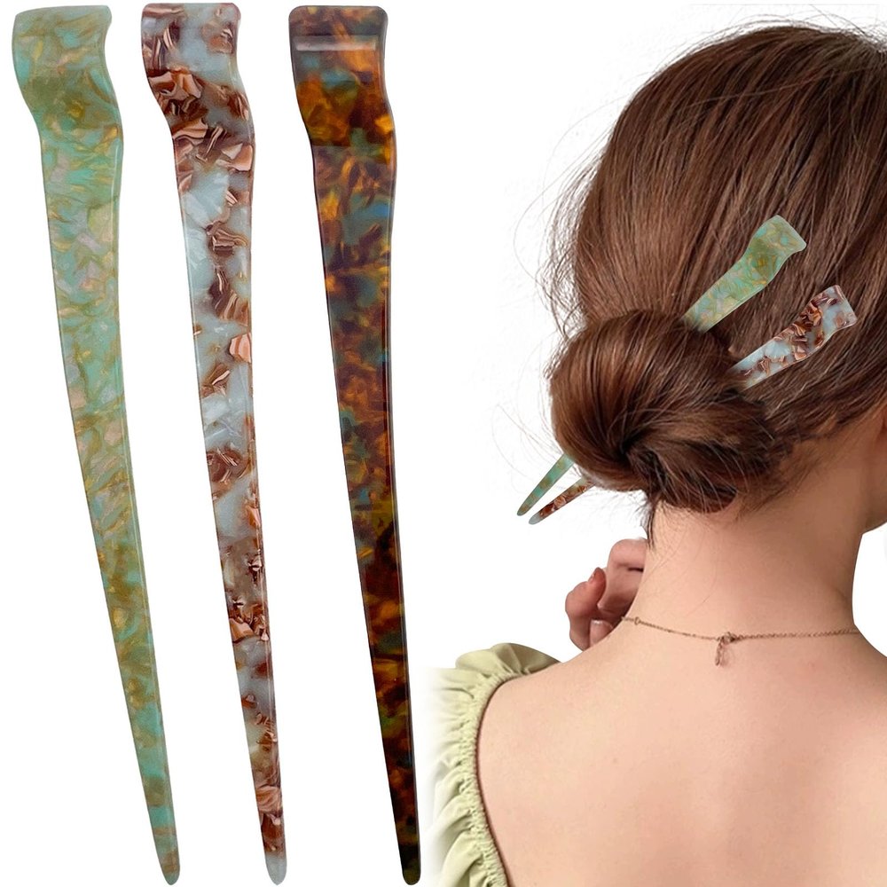 3PCS Acetate Tortoise Shell Hair Sticks, Leopard Print Hair Pins for Long Hair Chinese Hair Styling Accessories for Women Girls