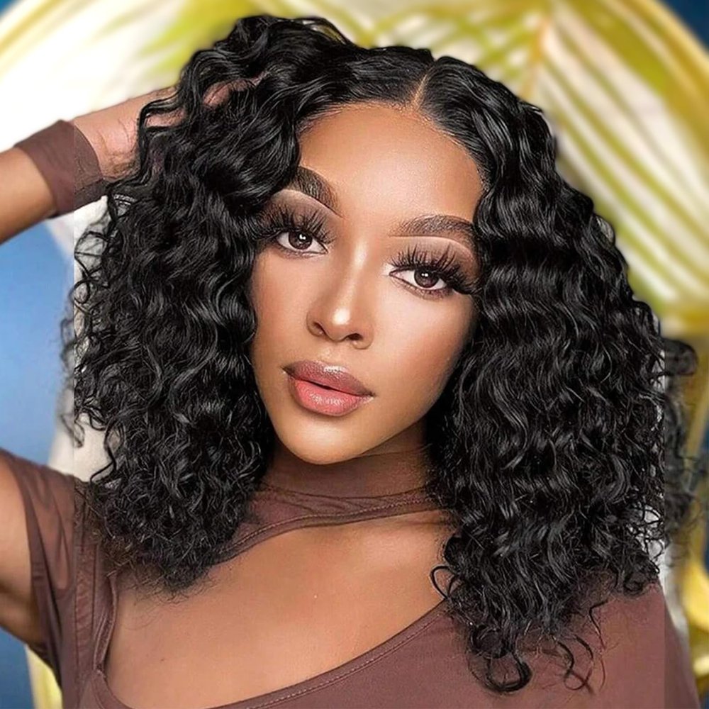 13x4 Water Wave Lace Front Bob Wigs Human Hair Pre Plucked Lace Front Human Hair Bob Wig for Black Women Short 13*4 Lace Frontal Wigs 150% Density HD Transparent Lace Wavy Bob Wigs (14 Inch)