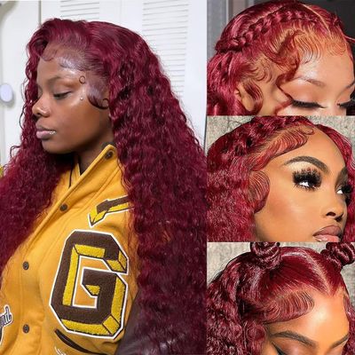 Simeider 28 Inch Deep Wave Red Lace Front 13x6 Red Curly HD Frontal Burgundy Wig For Women Burgundy Glueless Human Hair Deep Wave 99J Wig Human Hair
