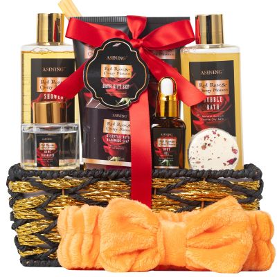 Luxury 14 pcs Cherry Blossom & Rose Bath and Body Basket Gift, Face Skin Care Kit, Home Spa Self Care, Relaxing Care Kit, Birthday, Christmas, Mother, Bridal Shower, Anniversary