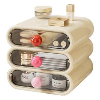 3-Tier Drawer Cosmetic Organizer, Countertop Makeup Storage Box with Rounded Handles, Bathroom, Bedroom Desk and Vanity Cosmetic Display Case for Skincare Products and Brushes (Creamy white)
