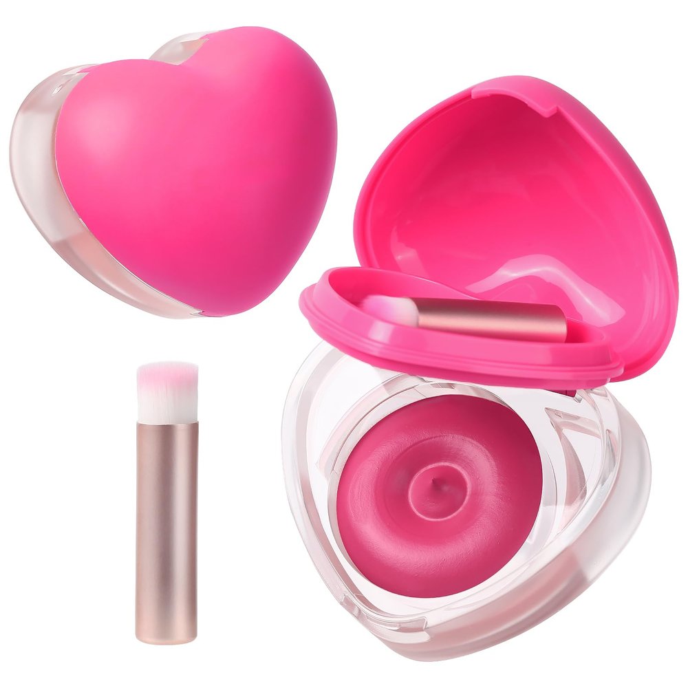 Heart-Shaped Cream Blush for Cheeks & Lips 2-in-1 Tinted Lip and Cheek Balm Kit with Mini Brush Blendable Dewy Blusher Face Makeup for Women, Portable Compact for Travel & On-the-Go Touch Ups 06