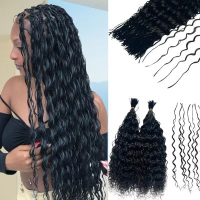 Pre-Divided Bulk Human Hair for Locs Boho Crochet Braids Double Drawn Curly Wave Knotless Braids Extensions for Women Natural Color 18 Inch 100g