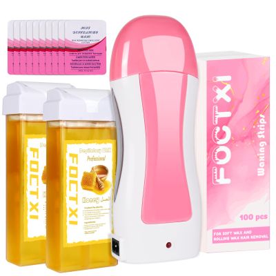 FOCTXI Hair Removal Kit for Hair Removal for Women and Men with Strip, Roll On Wax Kit with 2 Honey Soft Wax Cartridge & 100 Non-Woven Wax Strips, at Home Waxing Kit for Women, Soft, Yellow