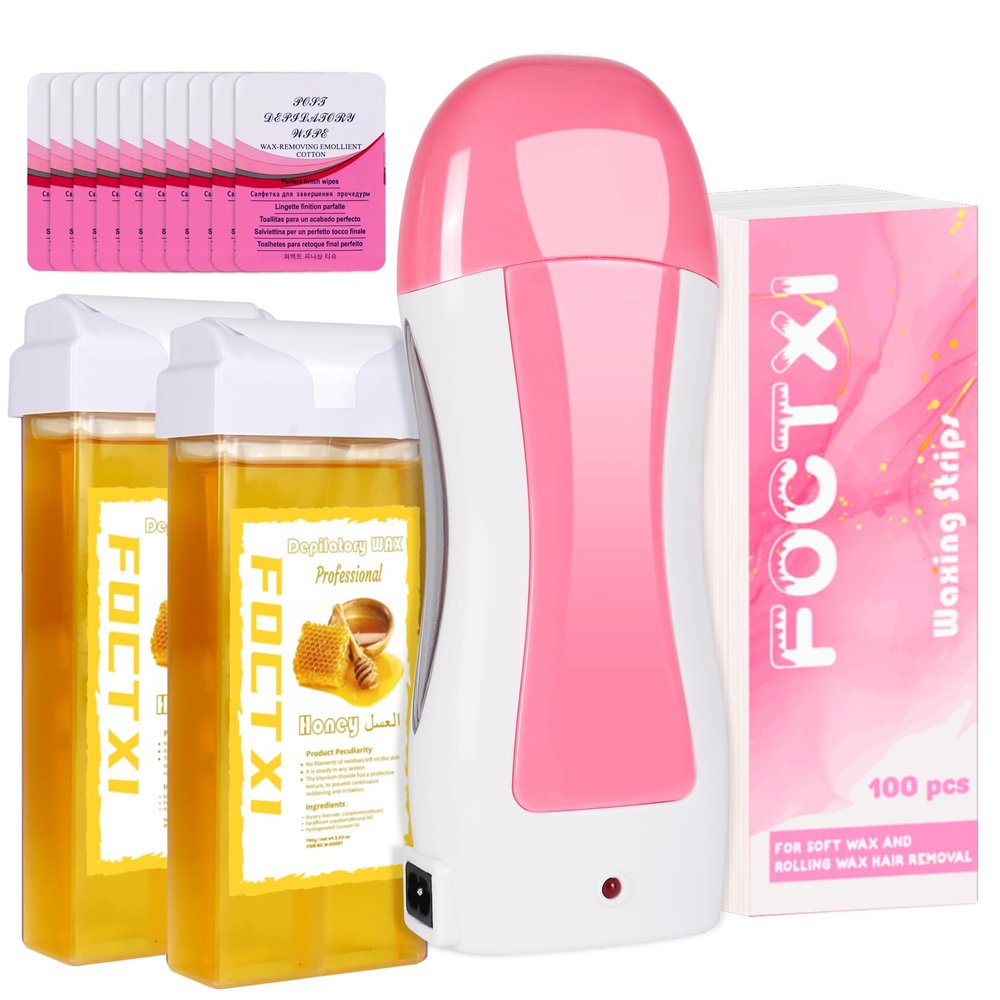 FOCTXI Hair Removal Kit for Hair Removal for Women and Men with Strip, Roll On Wax Kit with 2 Honey Soft Wax Cartridge & 100 Non-Woven Wax Strips, at Home Waxing Kit for Women, Soft, Yellow
