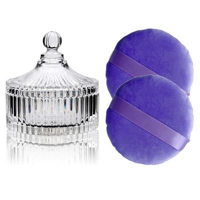2 Pack Extra Large 5.2" Purple Powder Puffs and 5.3" Glass Container  Oversized Dusting Powder Jar with Puff Powder Holder Case(Clear Glass)