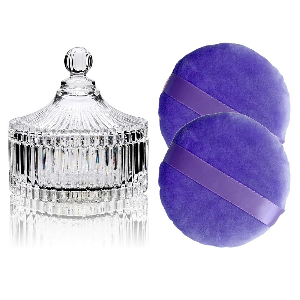 2 Pack Extra Large 5.2" Purple Powder Puffs and 5.3" Glass Container  Oversized Dusting Powder Jar with Puff Powder Holder Case(Clear Glass)