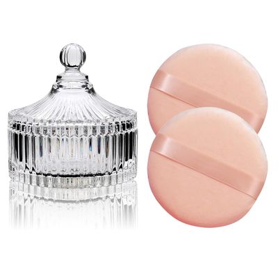 2 Pack Extra Large 5.2" Beige Powder Puffs and 5.3" Glass Container  Oversized Soft Body & Face Large Powder Puff Dusting Powder Jar Holder Case(Clear Glass)