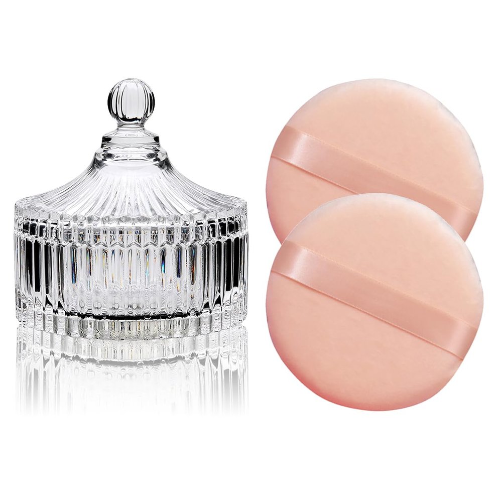 2 Pack Extra Large 5.2" Beige Powder Puffs and 5.3" Glass Container  Oversized Soft Body & Face Large Powder Puff Dusting Powder Jar Holder Case(Clear Glass)