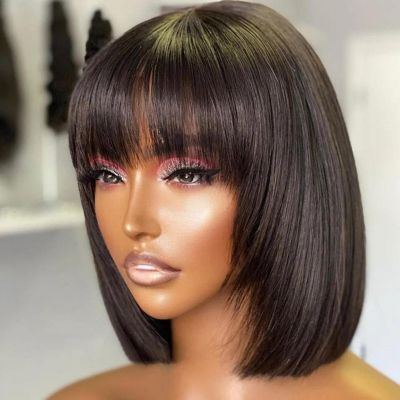 iuscacey Short Straight Hair Bob Wigs 2X4 Swiss Lace Bob Wig Human Hair Wig with Bangs Remy Full Machine Made Wig for Women,10inches
