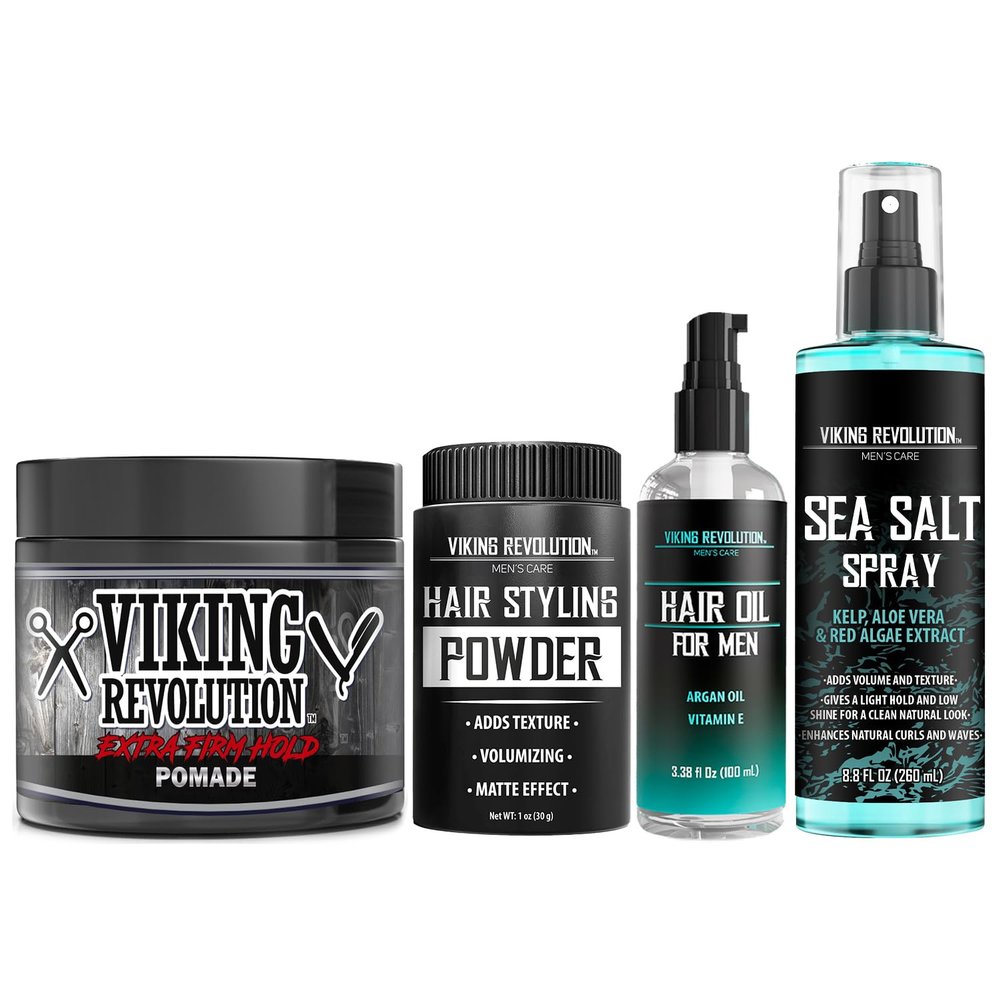 Viking Revolution Sea Salt Spray for Hair Men (8.8 fl oz), Extreme Hold Hair Pomade for Men (4oz), Hydrating Hair Oil for Men (3.38fl oz) and Hair Styling Powder for Men (1oz) - Add Volume and Texture