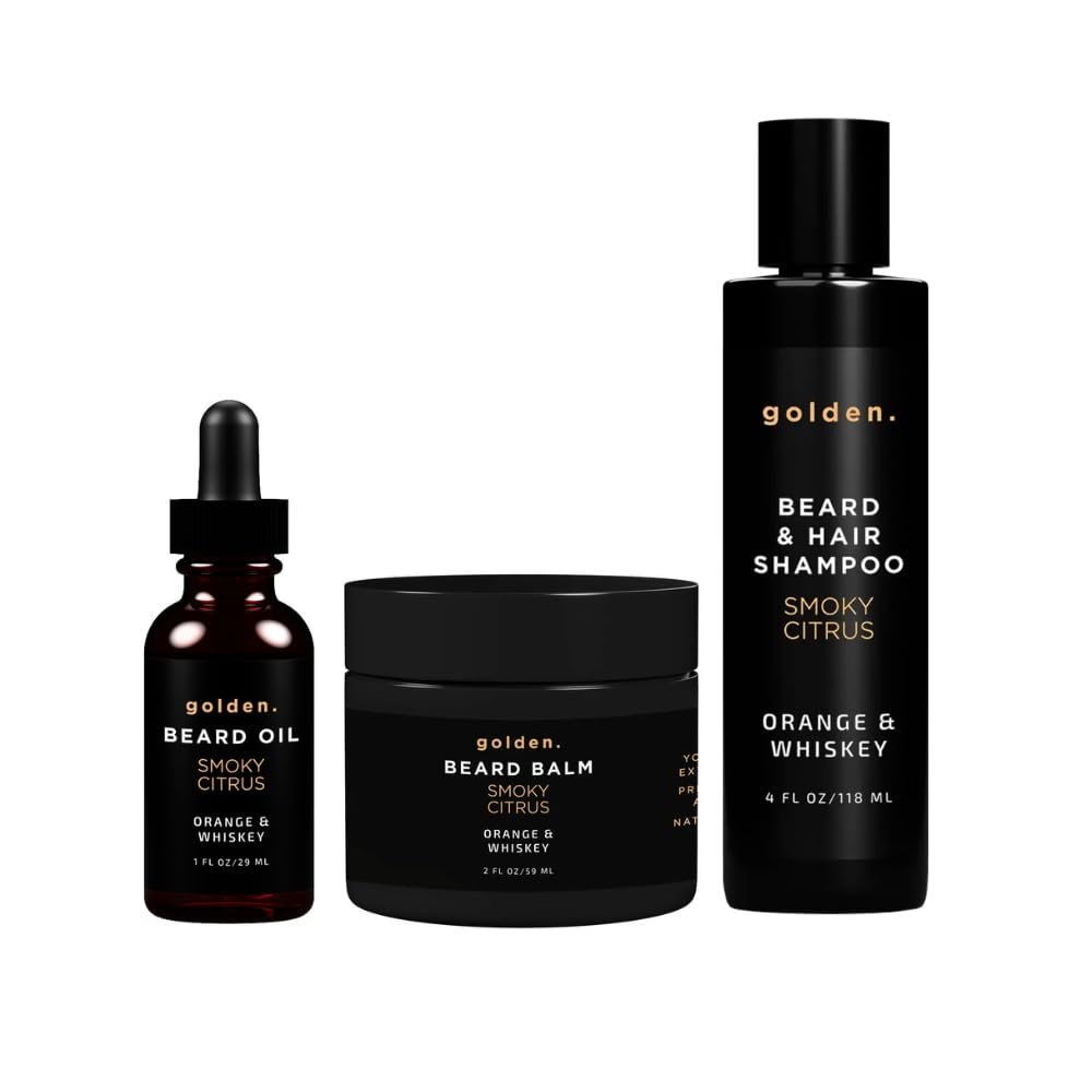Golden Grooming Co. Everyday Beard Bundle  Complete Beard Care Set | Includes Beard Oil, Balm & Shampoo (Regular, Smoky Citrus - Limited Edition)