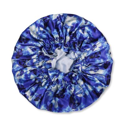 100% Mulberry Silk Bonnet for Sleeping Women - Handmade in USA 19 Momme Double Layer Reversible Silk Hair Wrap, Non-Slip Bonnet for Curly & Natural Hair, Luxury Hair Protection (Blue Butterfly)