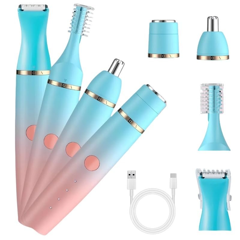PanniOhye 4-in-1 Electric Facial Hair Trimmer for Women, Rechargeable Waterproof Eyebrow Epilator with Multiple Heads, Blue and Pink Gradient