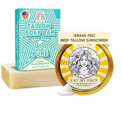 Eat My Face Beef Tallow Sunscreen SPF 30 & Beef Tallow Soap BundleOrganic Sunscreen for Face with Non Nano Zinc Oxide, Reef Sun Protection, Unscented Soap Bar, Moisturizing Handmade Tallow Soap