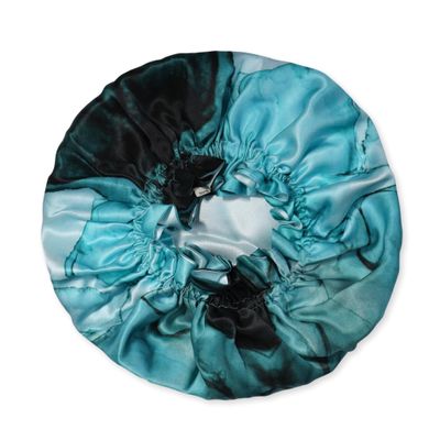 100% Mulberry Silk Bonnet for Sleeping Women - Handmade in USA 19 Momme Double Layer Reversible Silk Hair Wrap, Non-Slip for Curly & Natural Hair, Luxury Hair Protection (Turquoise Tie-Dye)