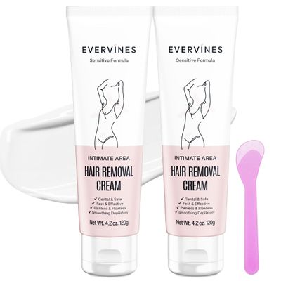 Evervines Hair Removal Cream for Women: Bikini Pubic & Intimate Areas Legs Arms Underarms - Fast Gentle Painless Depilatory with Scraper for Sensitive Skin at Home or Travel (4.2oz)