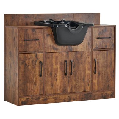 BarberPub Multi-Functional Shampoo Backwash Sink Station, Beauty Salon Cabinet with Faucet Sprayer, Barber Shop Storage Equipment 45.3" x 14.1'' x 36.4" 7139 (Rust Brown)