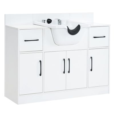 BarberPub Multi-Functional Shampoo Backwash Sink Station with Shampoo Bowl for Hair Stylist, Salon Spa Beauty Cabinet with Faucet Sprayer, Barber Storage Equipment 7139 (White)