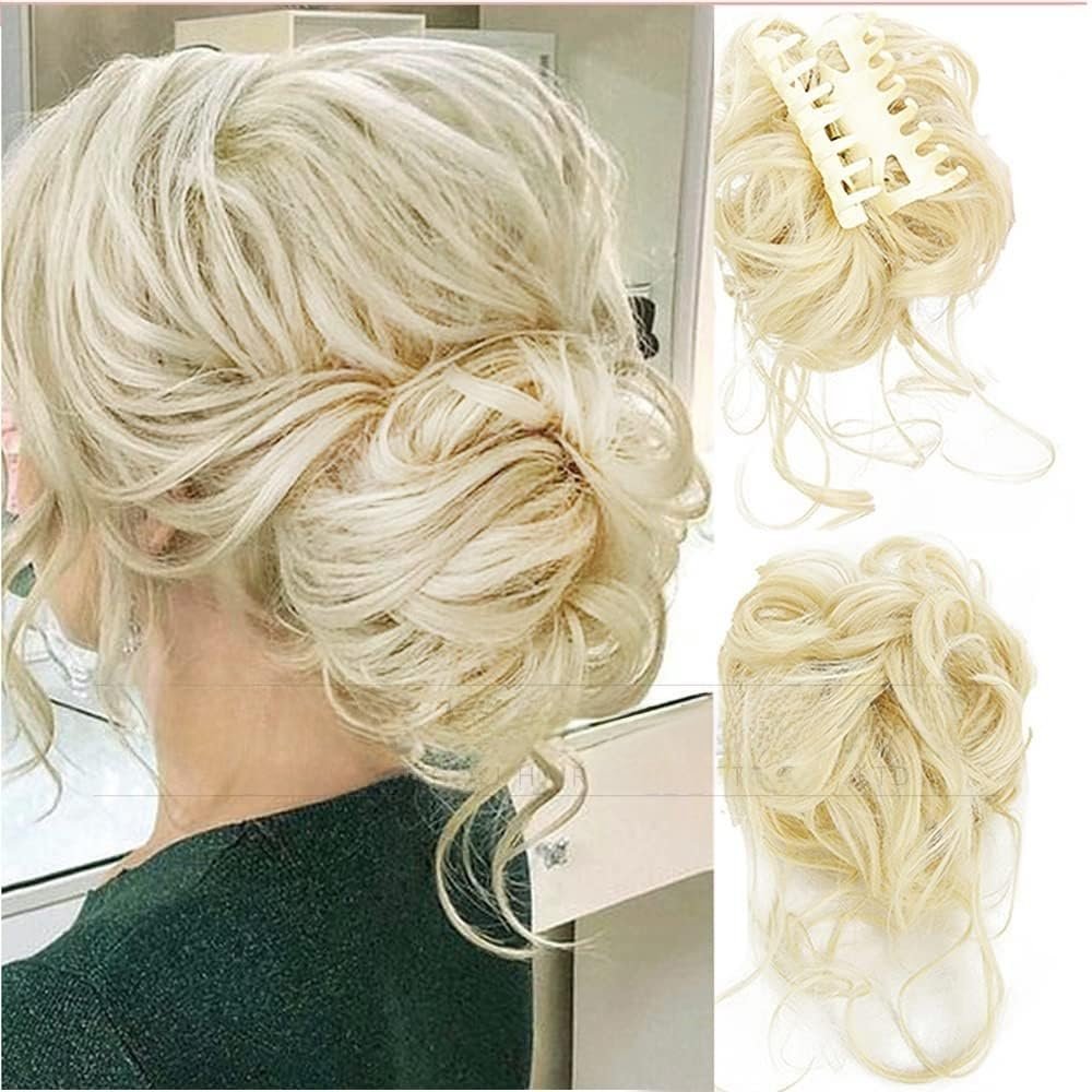 Bun, Wig ball head women's fashion big grip long beard messy curly hair Ring women's hair bun curly hair bag for Women(Golden white)