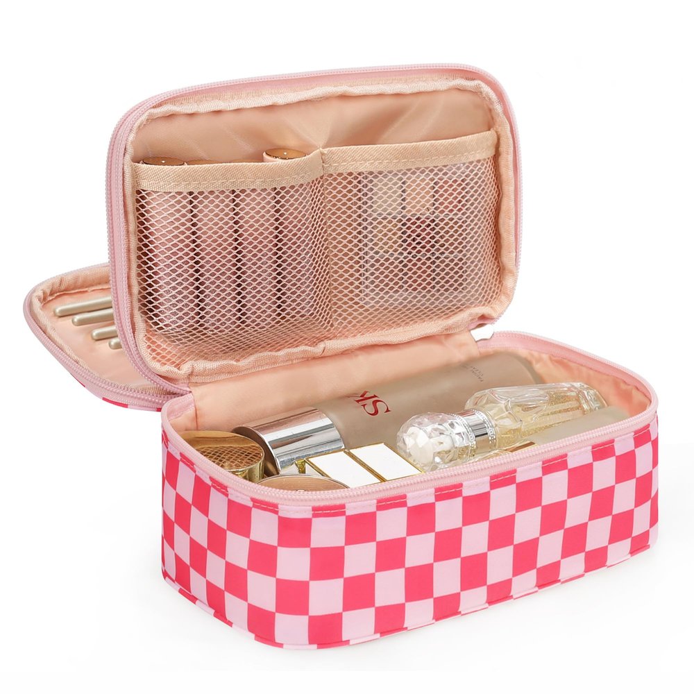 Relavel Makeup Bag, Cute Travel Cosmetic Bag, Small Pink Make Up Bags, Portable Toiletry Storage for Women Girl, Waterproof Makeup Organizer for Gym, Camping, Trip, Daily Use - Rose Red