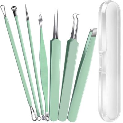 Teenitor 7 Pcs Surgical Grade Blackhead Remover Tools and Pimple Popper Tool Kit, Ingrown Hair Tweezers, Blackhead Tweezers, Precision Tweezers, Pimple Extractor, Light Green