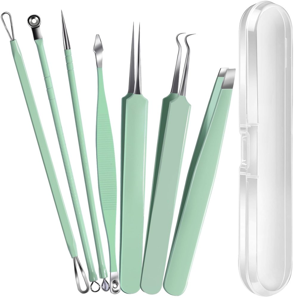 Teenitor 7 Pcs Surgical Grade Blackhead Remover Tools and Pimple Popper Tool Kit, Ingrown Hair Tweezers, Blackhead Tweezers, Precision Tweezers, Pimple Extractor, Light Green