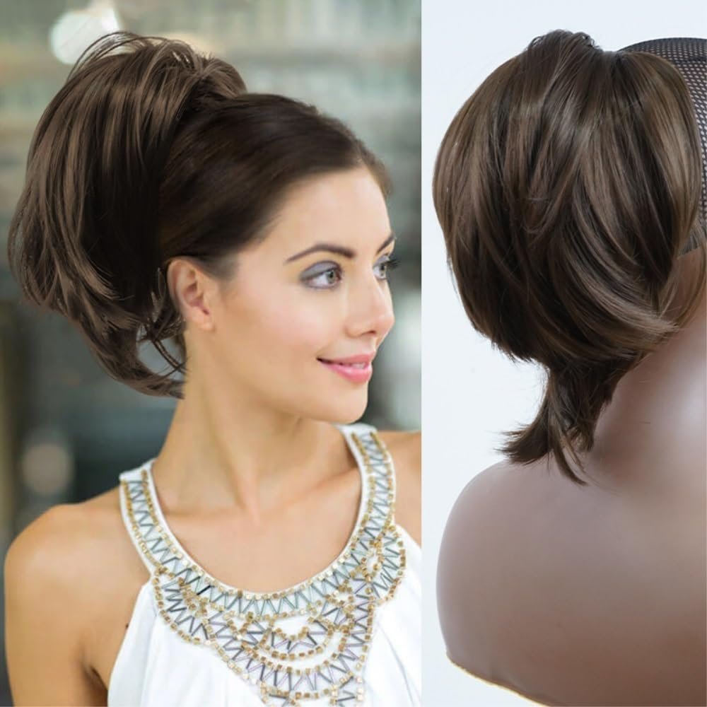 WOAITIANTIAN Hair Bun, Stylish European Short Straight Wig with Clip for Ponytail Easy to Style Hair Extensions(Light brown)